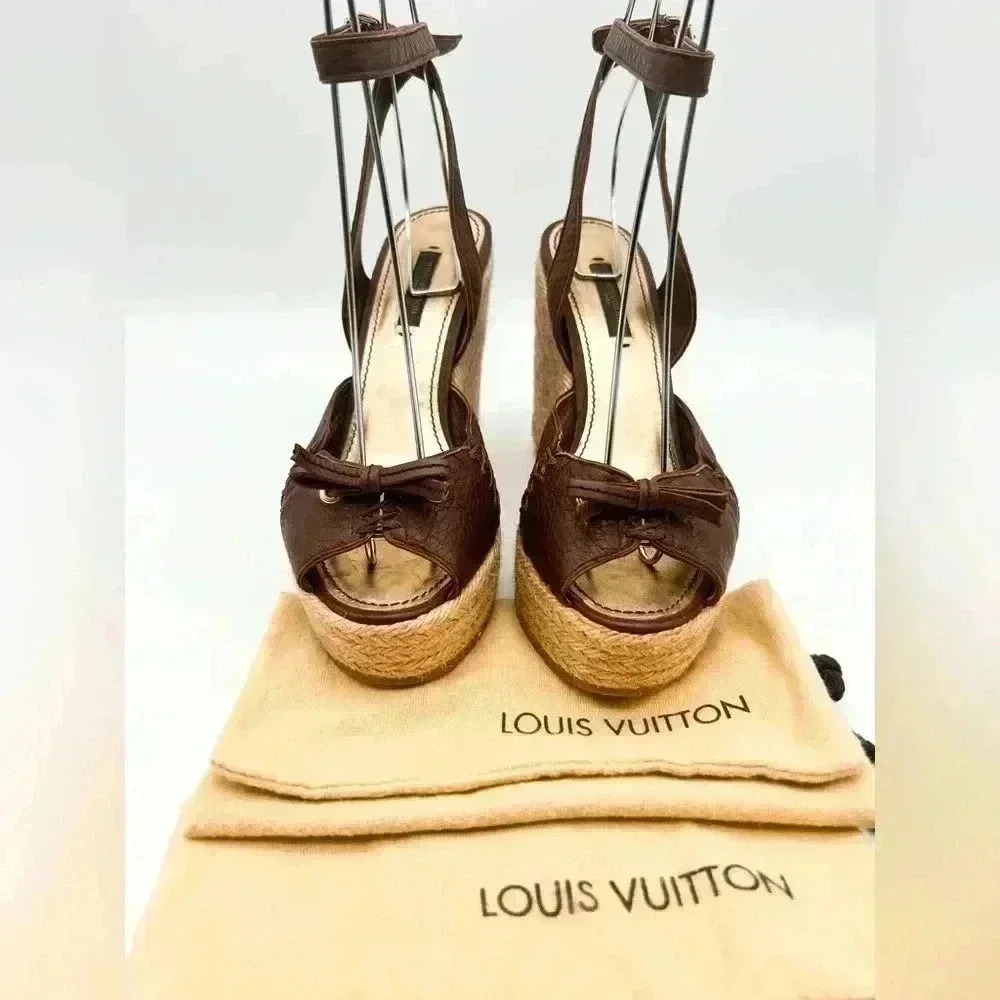 Louis Vuitton Manyara Women’s Size 36 Brown Leather Wedge Espadrille Sandals - Picture 3 of 15